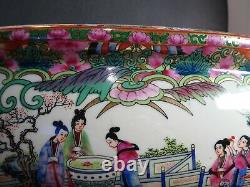 Vintage Chinese Handpainted Porcelain Oval Fish Bowl Planter Pot with Wood Stand