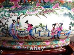 Vintage Chinese Handpainted Porcelain Oval Fish Bowl Planter Pot with Wood Stand