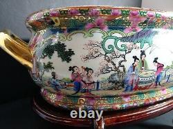 Vintage Chinese Handpainted Porcelain Oval Fish Bowl Planter Pot with Wood Stand