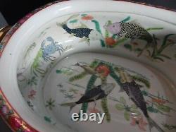 Vintage Chinese Handpainted Porcelain Oval Fish Bowl Planter Pot with Wood Stand