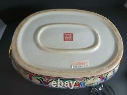 Vintage Chinese Handpainted Porcelain Oval Fish Bowl Planter Pot with Wood Stand