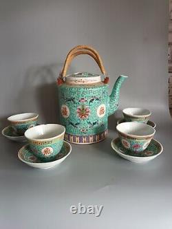 Vintage Chinese Mun Shou Longevity Tea Pot And Cup And Saucers Turquoise Rare