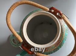 Vintage Chinese Mun Shou Longevity Tea Pot And Cup And Saucers Turquoise Rare
