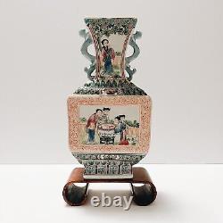 Vintage Chinese Porcelain Hand Painted Vase with Wooden Base