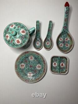 Vintage Chinese Turquoise Famille Rose Mun Shou Longevity Set