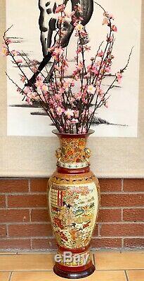 Vintage Chinese Vase Tall Satsuma Moriage Porcelain Oriental 24 Ins Tall