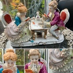 Vintage DRESDEN LACE Fine Porcelain Hand Painted LOVERS CARD GAME FIGURINE