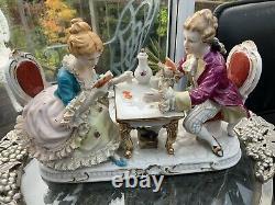 Vintage DRESDEN LACE Fine Porcelain Hand Painted LOVERS CARD GAME FIGURINE