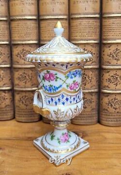 Vintage Dresden Porcelain Handled Covered Urn, Pedestal Hand Painted Roses