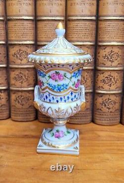 Vintage Dresden Porcelain Handled Covered Urn, Pedestal Hand Painted Roses