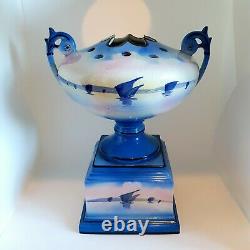 Vintage Dutch Delft Hand Painted Blue Porcelain Pedestal Tulip Urn / Vase, 12 in