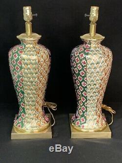 Vintage Frederick Cooper vase table lamp (set of 2) brass porcelain hand painted