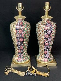 Vintage Frederick Cooper vase table lamp (set of 2) brass porcelain hand painted