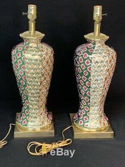 Vintage Frederick Cooper vase table lamp (set of 2) brass porcelain hand painted