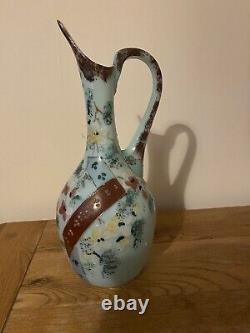 Vintage French Opaline Porcelain Draw Vase Pitcher Hand Painted Floral