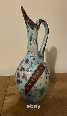 Vintage French Opaline Porcelain Draw Vase Pitcher Hand Painted Floral