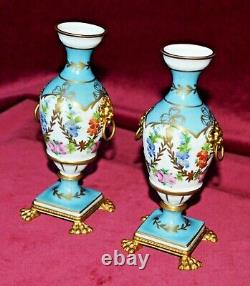 Vintage Giraud Limoges Handpainted Porcelain Gilt Ormolu Pedestal Urn Vases Pair