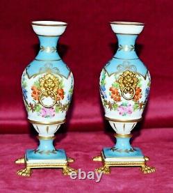 Vintage Giraud Limoges Handpainted Porcelain Gilt Ormolu Pedestal Urn Vases Pair