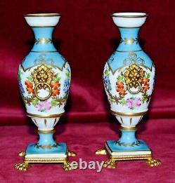 Vintage Giraud Limoges Handpainted Porcelain Gilt Ormolu Pedestal Urn Vases Pair