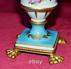 Vintage Giraud Limoges Handpainted Porcelain Gilt Ormolu Pedestal Urn Vases Pair