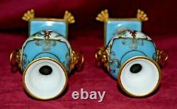 Vintage Giraud Limoges Handpainted Porcelain Gilt Ormolu Pedestal Urn Vases Pair