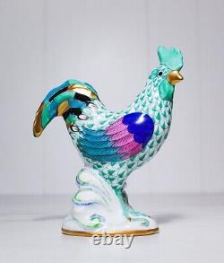 Vintage HEREND Hungary Green Fishnet Hand Painted Porcelain Rooster Figurine