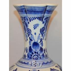 Vintage Hand Painted Blue & White Floral Porcelain Delft Vase Holland
