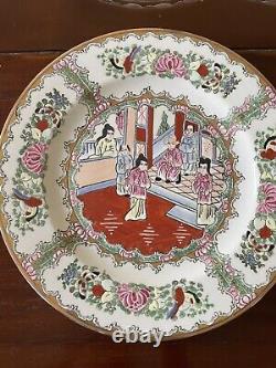 Vintage Hand Painted Famille Rose Medallion Chinese Porcelain Temple Jar & Bowl