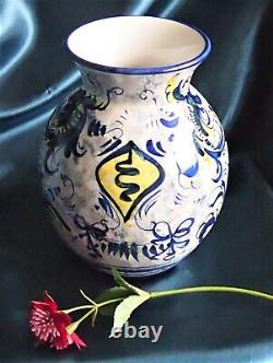 Vintage Hand Painted Italian Porcelain Decorative Vase Blue, Yellow and White