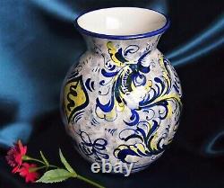 Vintage Hand Painted Italian Porcelain Decorative Vase Blue, Yellow and White