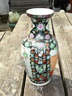 Vintage Hand Painted Large Chinese 14.5 Famille Rose Noire Vase