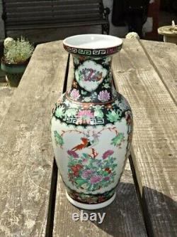 Vintage Hand Painted Large Chinese 14.5 Famille Rose Noire Vase