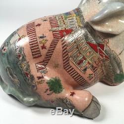 Vintage Hand Painted Porcelain Chinese Sleeping Pig Smiling Figurine Rare Find