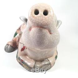 Vintage Hand Painted Porcelain Chinese Sleeping Pig Smiling Figurine Rare Find