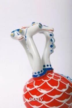 Vintage Hungarian Hand Painted Porcelain Three Headed Dragon Figurine Hollohaza