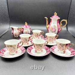 Vintage Japanese Porcelain Tea Set for 6 Pink & Gold, Hand-Painted, 22-Piece