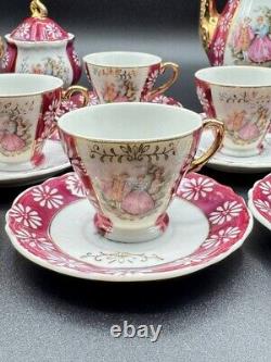 Vintage Japanese Porcelain Tea Set for 6 Pink & Gold, Hand-Painted, 22-Piece