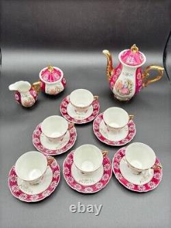 Vintage Japanese Porcelain Tea Set for 6 Pink & Gold, Hand-Painted, 22-Piece