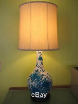 Vintage Kutani Blue Floral Hand Painted Porcelain Vase Table Lamp, 35 T