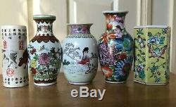 Vintage Lot 5 Small Chinese Export Porcelain Vases in Different shape Hand Paint