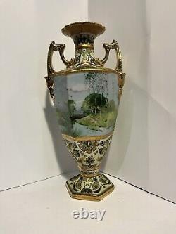 Vintage NIPPON Hand Painted Porcelain Gold Decorated Vase 15 Marked