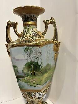 Vintage NIPPON Hand Painted Porcelain Gold Decorated Vase 15 Marked