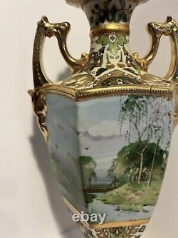 Vintage NIPPON Hand Painted Porcelain Gold Decorated Vase 15 Marked