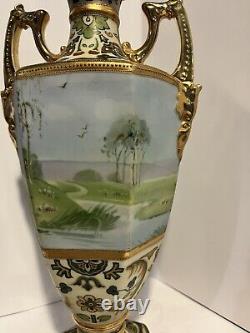 Vintage NIPPON Hand Painted Porcelain Gold Decorated Vase 15 Marked