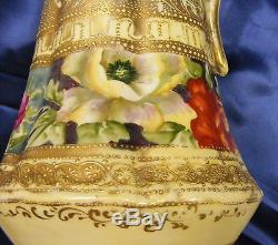 Vintage Nippon 14 Ewer Vase Floral Design Gold Beading Mark #52 Hand Painted