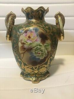 Vintage Nippon Gilded Beaded Hand Painted Roses Handled Vase 8.25