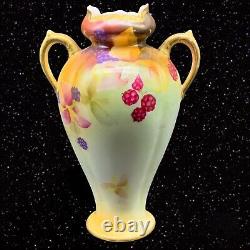 Vintage Nippon Hand Painted Double Handle Fruit Motif Bud Vase 6T 4W