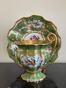 Vintage Oversized Hand Painted Green and Gold Porcelain Cup and Saucer