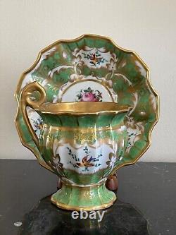 Vintage Oversized Hand Painted Green and Gold Porcelain Cup and Saucer