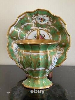 Vintage Oversized Hand Painted Green and Gold Porcelain Cup and Saucer